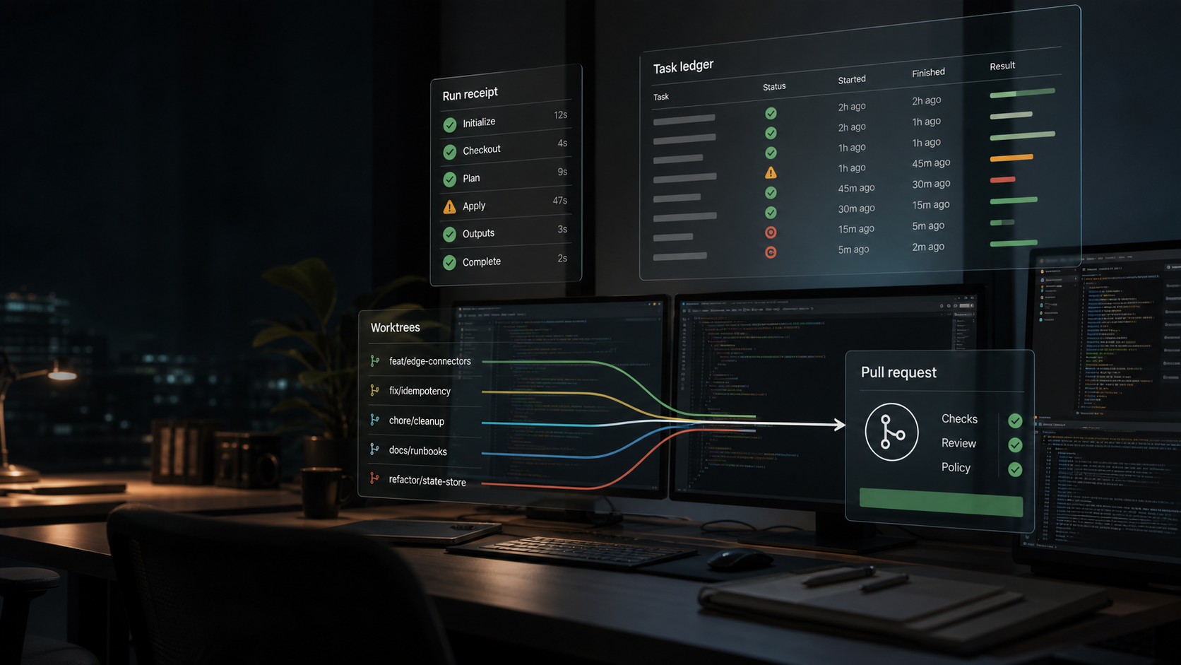 Engineering operations room with code workstations and run receipt overlays